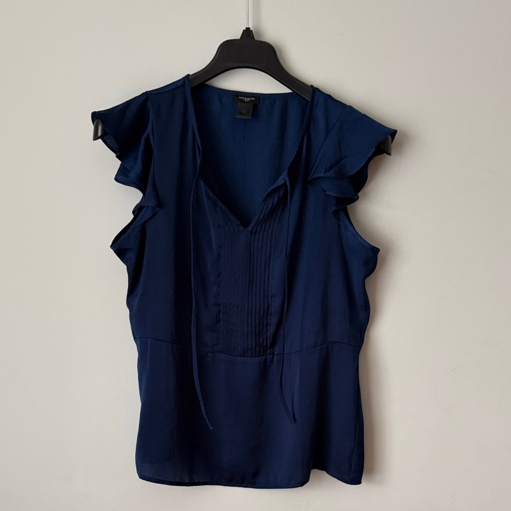 Ann Taylor Navy Pintuck V-Neck Ruffle Sleeve Blouse